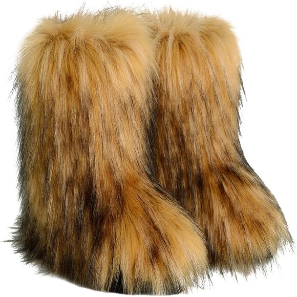 🆕Women Natural Faux Fur Winter Warm Knee High Flat Heel Fluffy  Snow Fur Boots - Picture 7 of 12